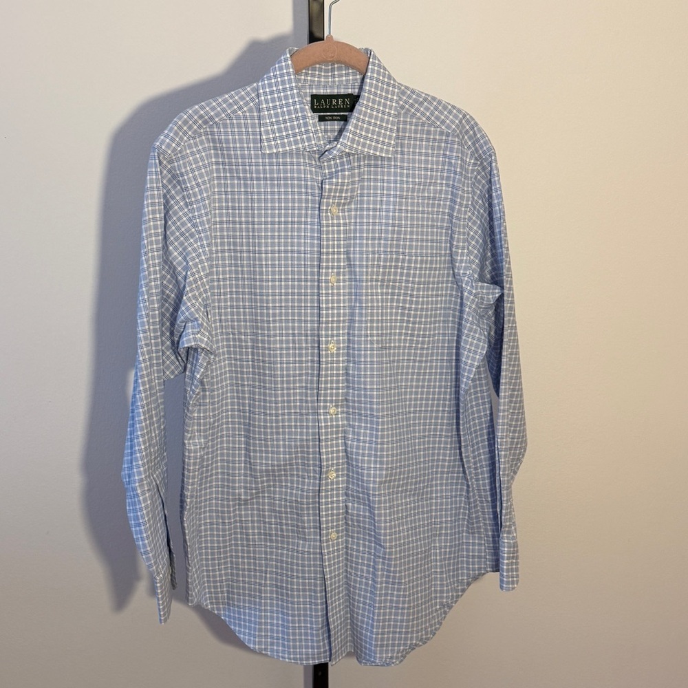 Vintage Lauren Ralph Lauren Men’s Blue and White Checkered Shirt - Picture 2 of 5